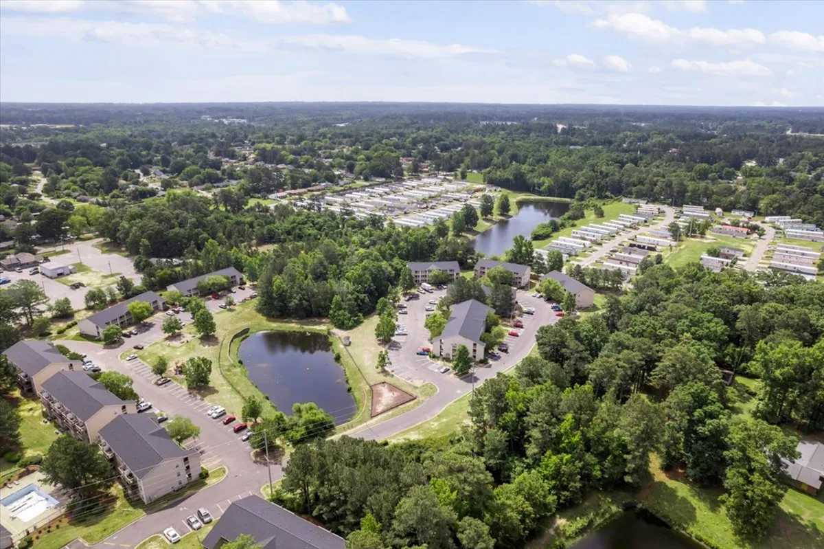This image captures a scenic view of lakes surrounded by greenery, with nearby residential buildings and roadways. The tranquil atmosphere hints at local outdoor activities such as walking, fishing, and community picnics, suggesting the opportunities for family outings and neighborhood exploration.